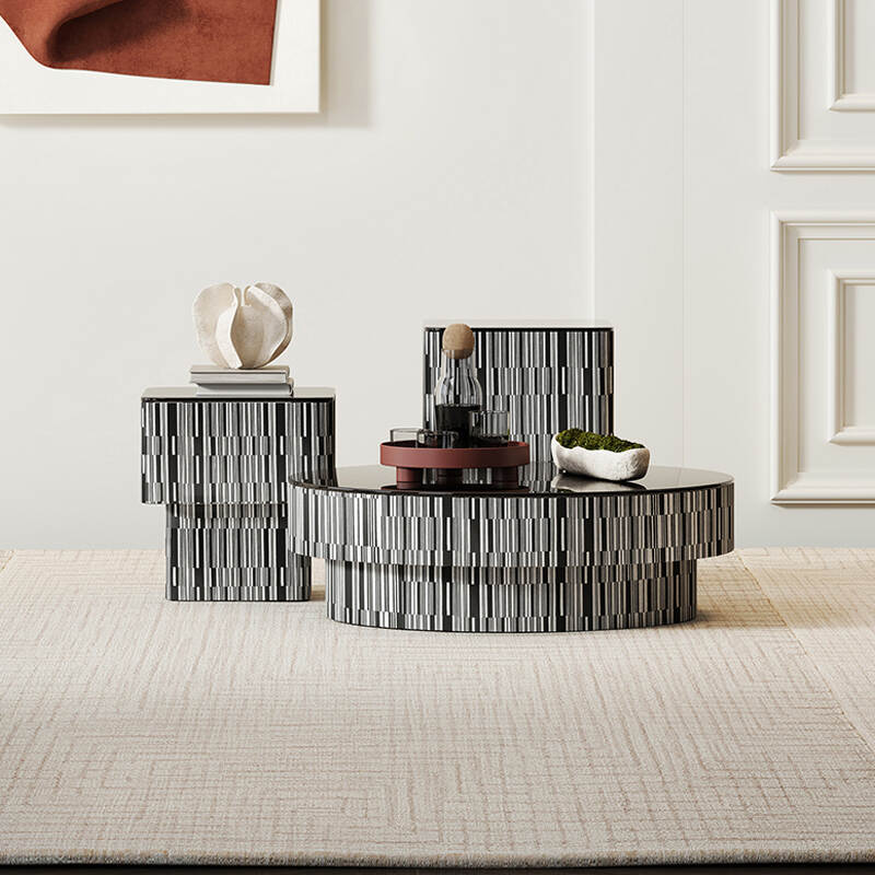 Italian minimalist black and white round coffee table square glass French side table for living room