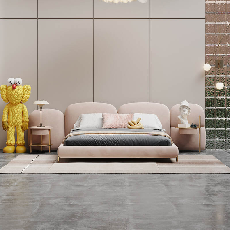Italian Latest Modern Luxury Bedroom Set Big Headboard King Size Pink Fabric Bed
